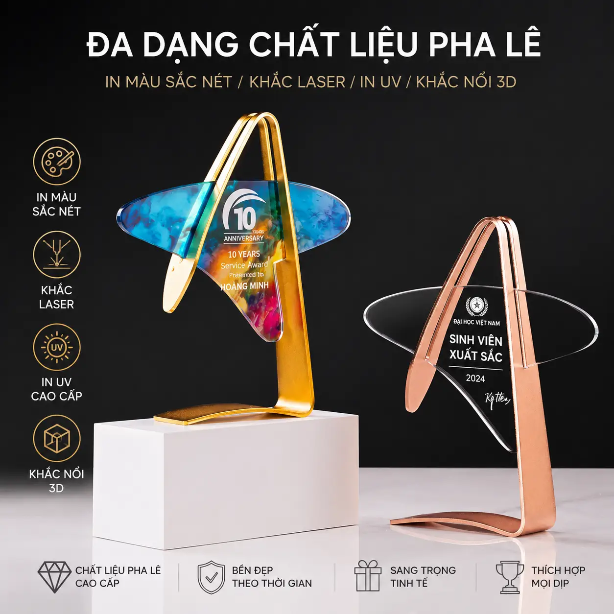 cup-pha-le-sang-tao-2 Cúp pha lê sáng tạo cao cấp kết hợp kim loại mạ vàng, thiết kế hiện đại sang trọng. Phù hợp làm kỷ niệm chương vinh danh nhân viên, đối tác, lễ kỷ niệm thành lập doanh nghiệp.
