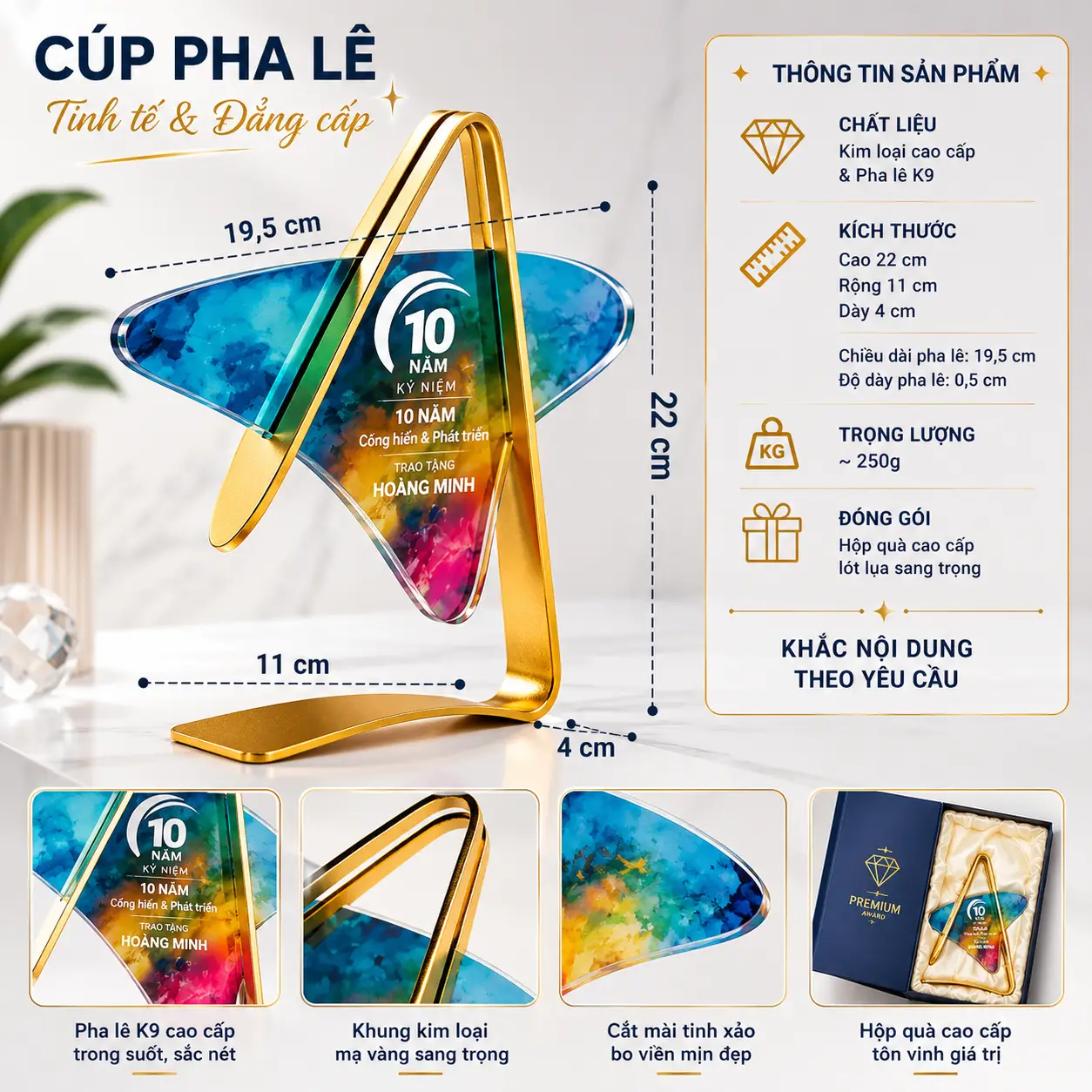 cup-pha-le-sang-tao-3 Cúp pha lê sáng tạo cao cấp kết hợp kim loại mạ vàng, thiết kế hiện đại sang trọng. Phù hợp làm kỷ niệm chương vinh danh nhân viên, đối tác, lễ kỷ niệm thành lập doanh nghiệp.