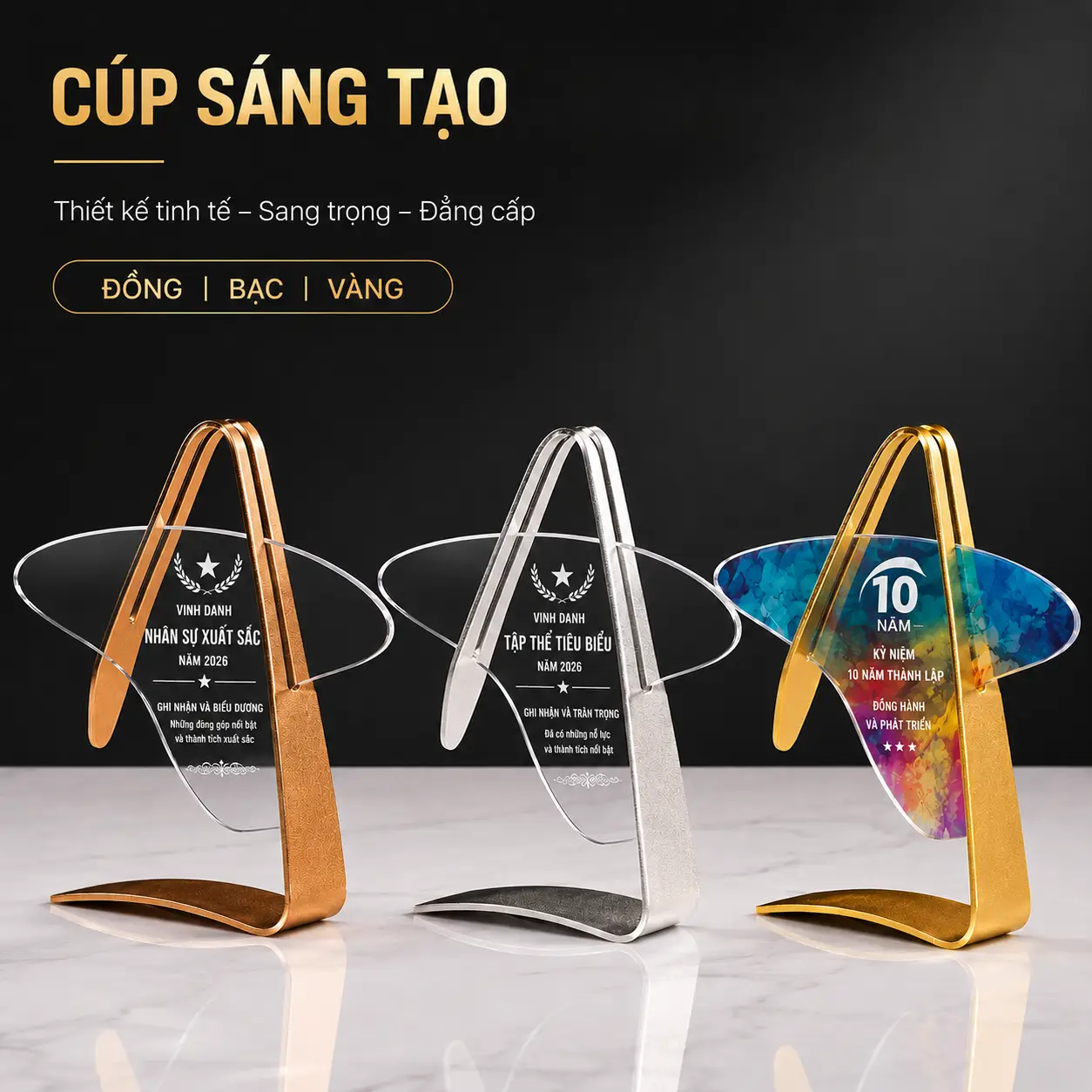 cup-pha-le-sang-tao Cúp pha lê sáng tạo cao cấp kết hợp kim loại mạ vàng, thiết kế hiện đại sang trọng. Phù hợp làm kỷ niệm chương vinh danh nhân viên, đối tác, lễ kỷ niệm thành lập doanh nghiệp.